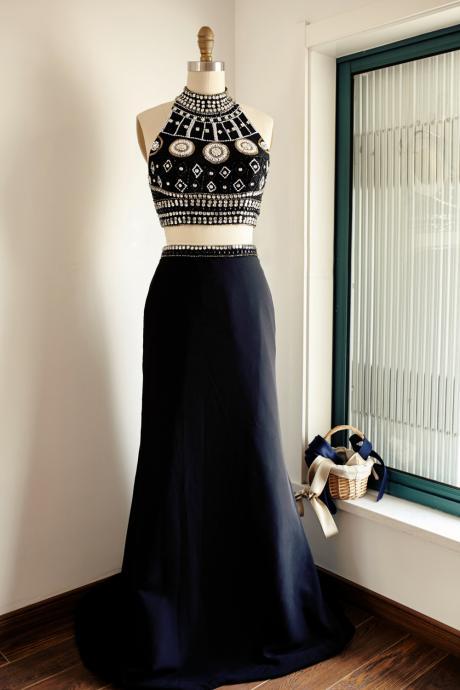 Prom Dresses,evening Dress,party Dresses,black Satin Two-piece Halter Beaded Bodice Long Prom Dress, Black Sweep Train Prom Gown Evening Dress