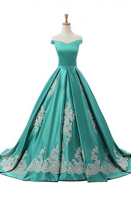 Prom Dresses,evening Dress,party Dresses,green Off The Shoulder A Line Prom Dress, Princess Prom Gown With Lace Appliques Prom Gowns