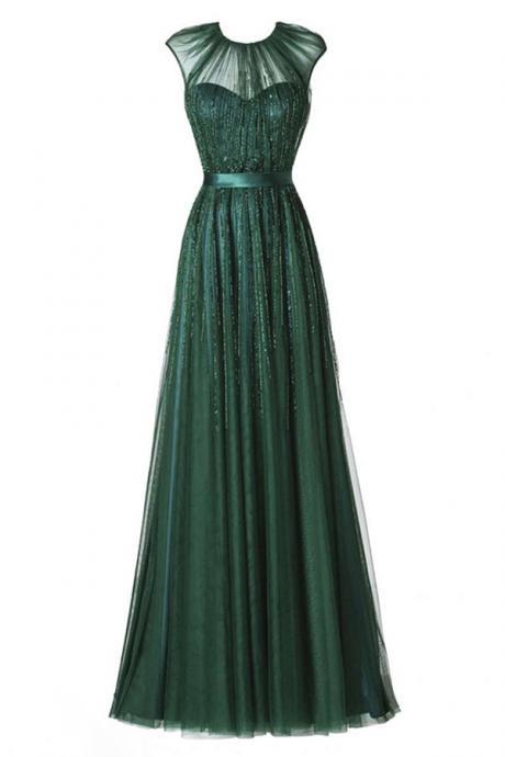 Prom Dresses,evening Dress,party Dresses, Prom Dress,glamorous Round Neck Floor-length Pleated Dark Green Prom Dress With Beading