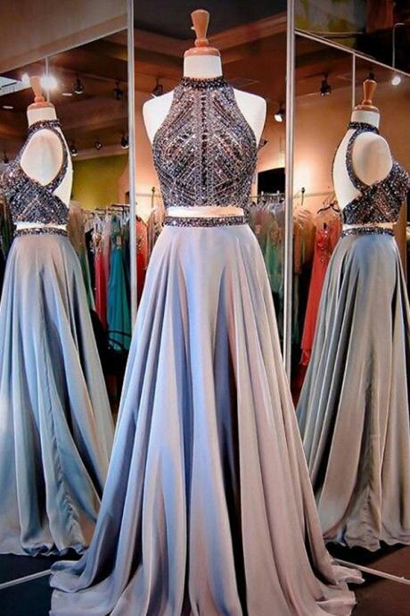 Prom Dresses,evening Dress,party Dresses, Prom Dress,glamorous Two Piece High Neck Open Back Long Prom Dress With Beading