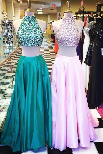Prom Dresses,evening Dress,party Dresses,two-piece Prom Dress With Beaded Bodice, Formal Gown, Long Prom Dresses, Sweep Train Evening Dress,