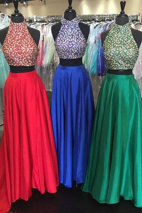 Prom Dresses,evening Dress,party Dresses,two-piece Prom Dress With Beaded Bodice, Formal Gown, Long Prom Dresses, Sweep Train Evening Dress,