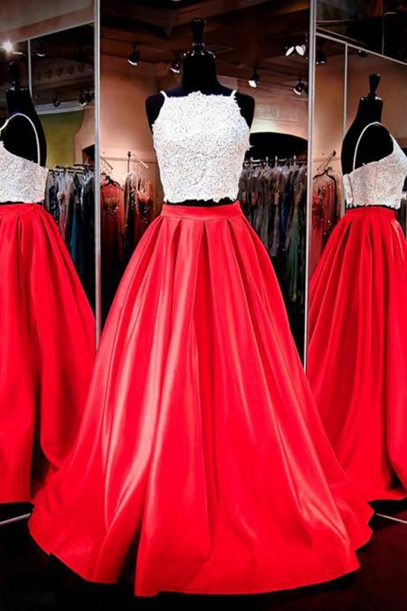 Prom Dresses,evening Dress,party Dresses,gorgeous Two-piece Square Neck Red Floor-length Prom Dress With Lace, Prom Dress,evening Gowns For Teens