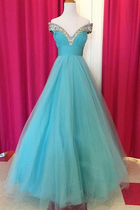 Prom Dresses,evening Dress,party Dresses,fabulous Off Shoulder Floor Length Blue Ruched Prom Dress With Beading Celebrity Dresses