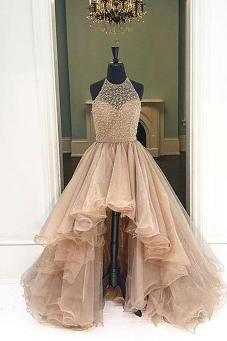 Prom Dresses,evening Dress,party Dresses,champagne Organza Halter High Low A-line Long Dress,high Quality Prom Dress,modest Prom Dress,prom