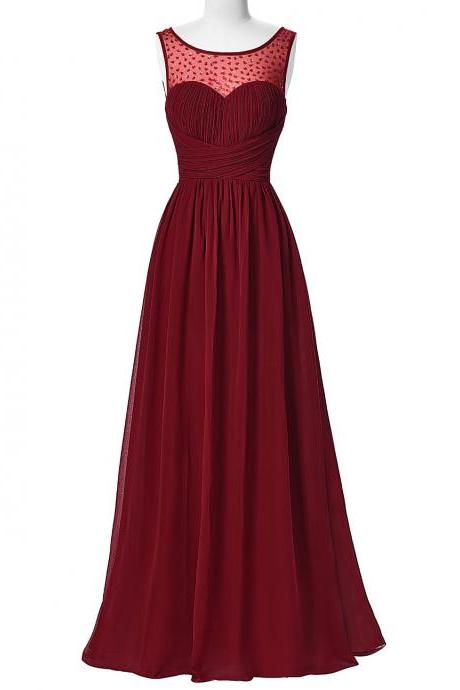 Sleeveless Sheer Ruched Chiffon Floor-length A-line Prom Dress, Evening Dress