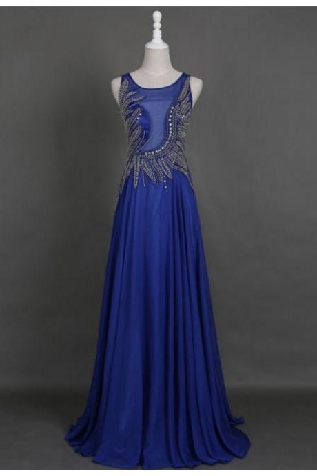 Prom Dresses,evening Dress,party Dresses, Elegant A-line Crew Floor-length Sequins Royal Blue Prom Dress With Beading