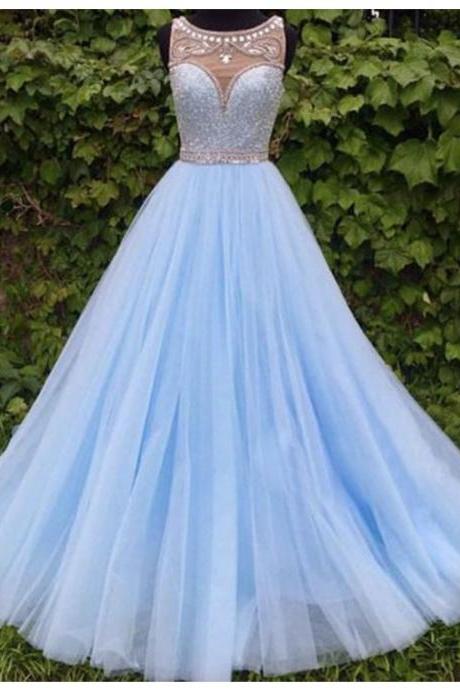 Prom Dresses,evening Dress,party Dresses, Elegant A-line Crew Floor-length Sequins Light Blue Prom Dress With Beading