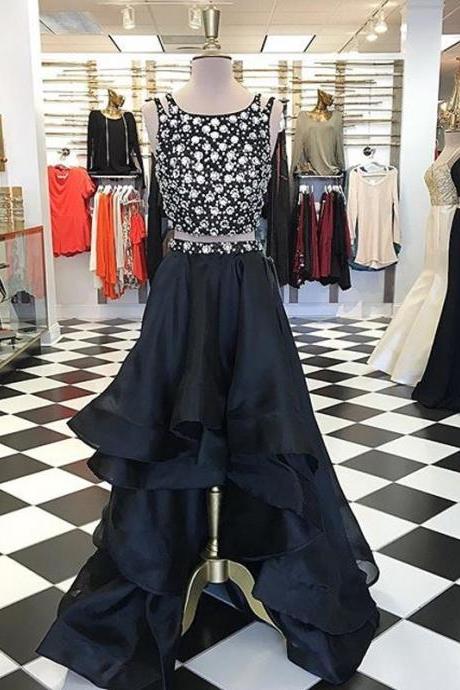 Prom Dresses,evening Dress,party Dresses, Asymmetrical Two Piece A-line Black Prom Dress - Crew High Low Tiered Beading
