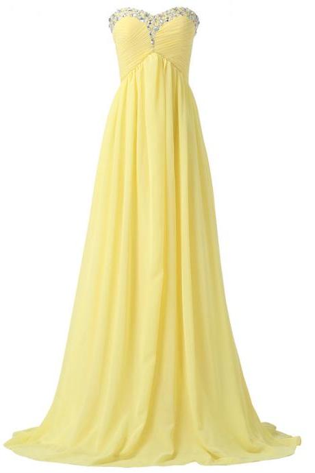 Beaded Trimmed Yellow Ruched Chiffon Sweetheart Floor Length A-line Formal Dress Featuring Lace-up Back, Prom Dress