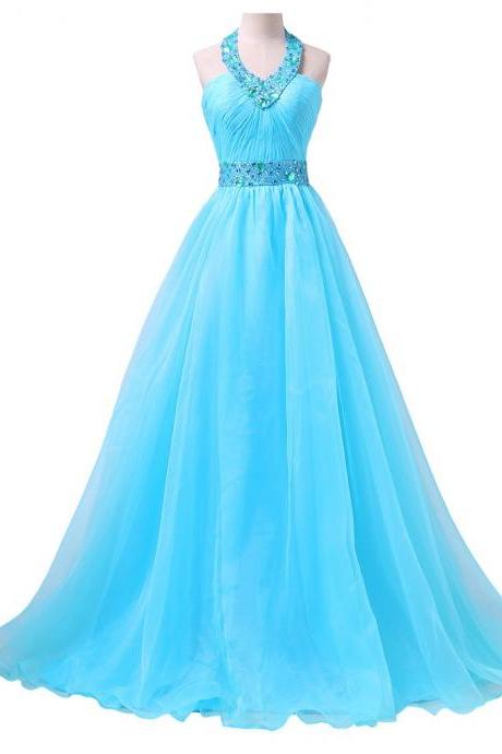 Prom Dresses,evening Dress,party Dresses,halter V Neck Evening Dress 2017 Prom Dresses Sexy Design Elegant Long Blue Evening Ball Gown Puffy