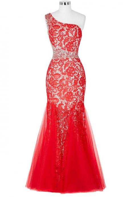 Red One-shoulder Lace Appliqués Mermaid Floor-length Prom Dress, Evening Dress