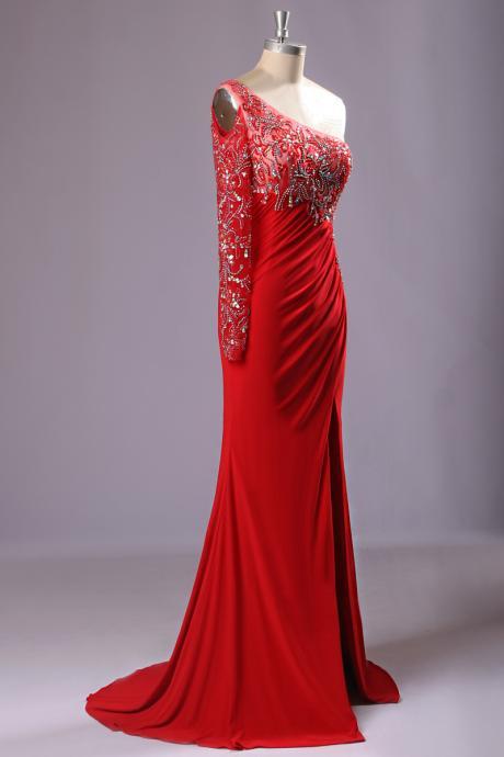 Prom Dresses,evening Dress,party Dresses,red Bling One Shoulder Beads Crystal Vestido Para Formatura Longo Sexy Dress Mermaid Prom Dresses Real