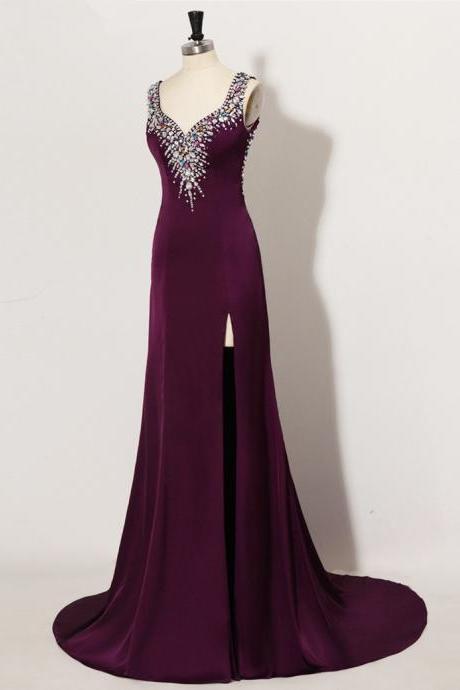 Prom Dresses,evening Dress,party Dresses,vestido Longo De Formatura Sexy Backless Crop Top Rhinestone Long Purple Prom Dresses Fast Real