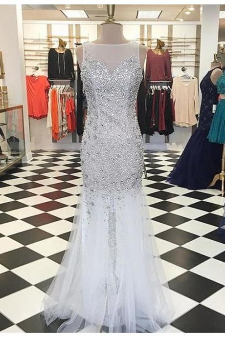Prom Dresses,evening Dress,party Dresses,glamorous Bateau Floor-length White Mermaid Prom Dress With Beading Crystal