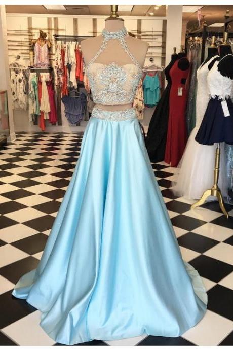 Prom Dresses,evening Dress,party Dresses,modern Two Piece Halter Floor-length Light Blue Prom Dress With Lace Appliques