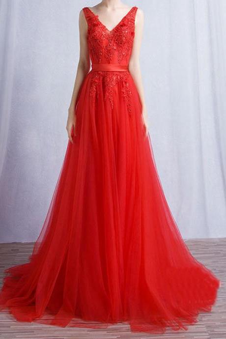 Prom Dress,sleeveless Red A Line Evening Dress,backless Charming Tulle Prom Dresses,formal Gown,high Quality Graduation Dresses,wedding Guest