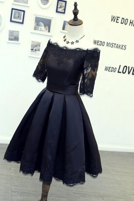 Black Off The Shoulder Short Dress, Cocktail Dress, Homecoming Dress With Lace Appliques