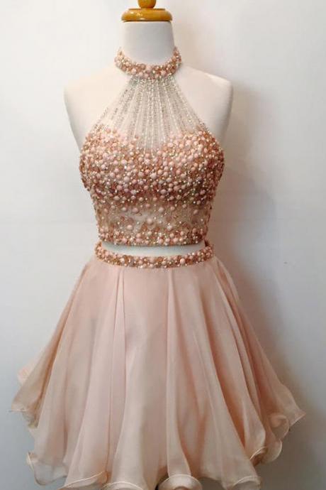 Two Piece Homecoming Dresses,beaded Bodice Halter 2 Piece Short Prom Dresses,sparkly Cocktail Dresses Short Prom Dress