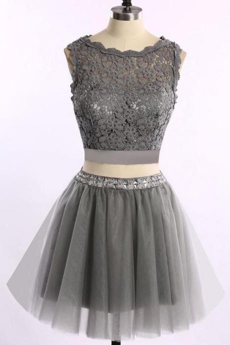 2 Pieces Homecoming Dress, Grey Lace Homecoming Dress, Short Homecoming Dresses, Homecoming Dresses, Short Prom Dresses