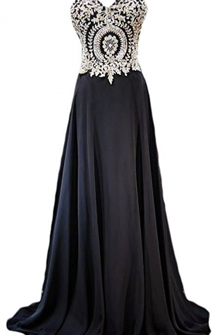 Appliqued Bodice Formal Prom Dresses Chiffon A-line Evening Gown