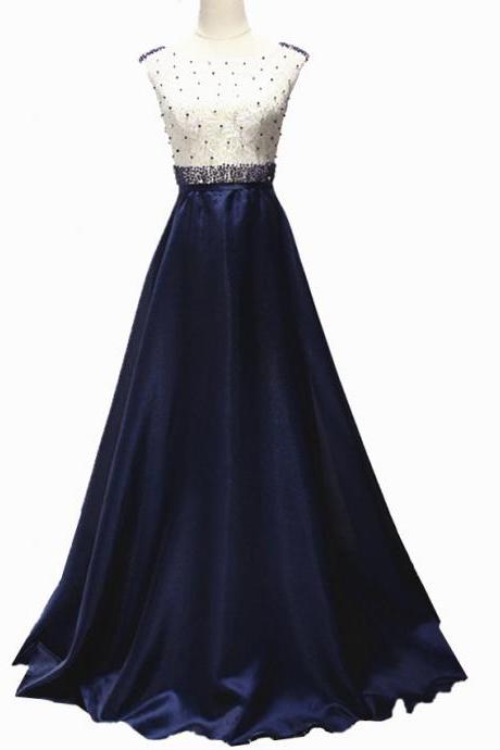 Sexy Sheer Lace Beaded Evening Dress, Long Elegant Formal Gown, With Pearls Robe Soiree Satin Evening Party Dresses