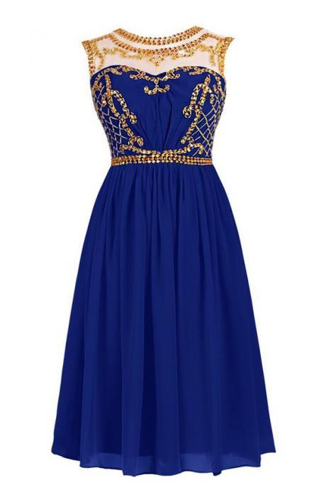 Royal Blue Short Homecoming Dress With Illusion Neckline And Gold Sequin Embellishment