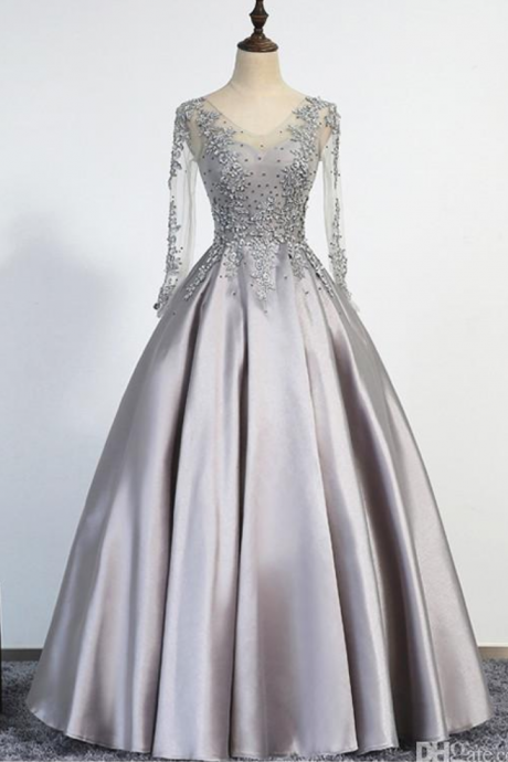 Sexy Long Prom Dress, A-line Scoop Illusion Lace Up Long Sleeves Floor Length Appliques Beading Real Picture Prom Gowns