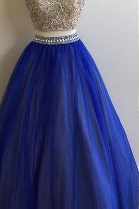 Sexy Long Prom Dress, Blue Round Neck Tulle Sequin Two Pieces Long Prom Dress
