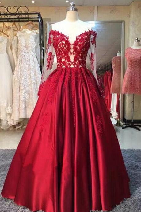 Prom Dresses,long Sleeve Prom Dress,sexy Red Prom Dress,cute Prom Dress,satin Prom Dress,prom Gowns,wedding Party Dress,red Ball Gown