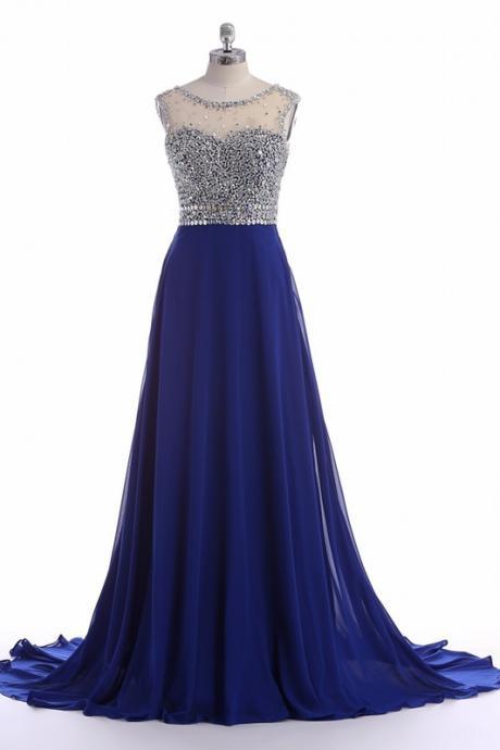 Elegant Royal Blue Beading Sleeveless Prom Dress,evening Dresses,long Formal Dresses,elegant Prom Dresses,