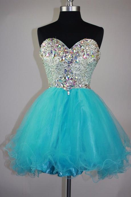 Crystal Luxury Blue Tulle Prom Dress,beaded Above Knee Party Gown,mini Party Dress For Sweet Girl For Teens