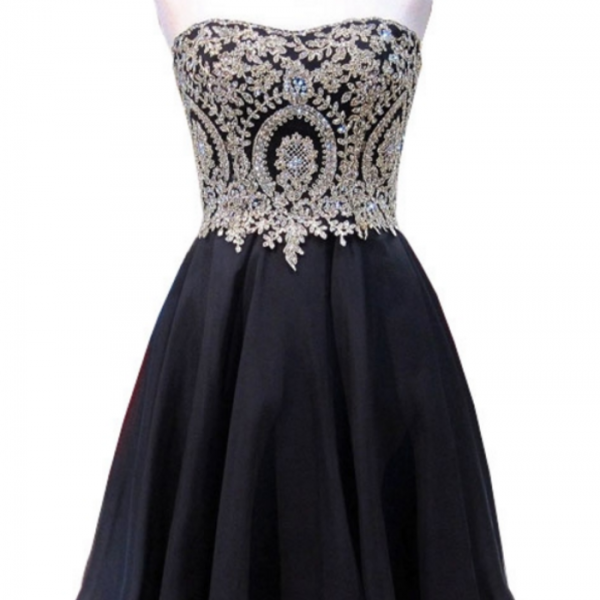 Cute A-line Sweetheart Sweet 16 Dresses Gold Beaded Lace Short Black ...