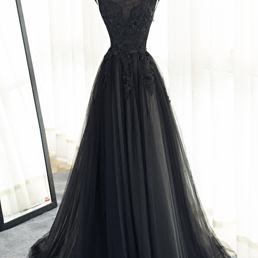 Black Tulle Appliques Beads Elegant Prom Gowns,Cap Sleeves Sexy V Back ...