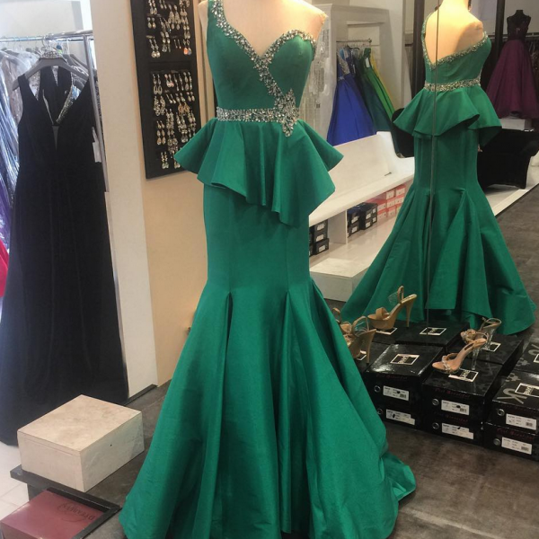 Emerald Satin Mermaid One Shoulder Evening Dress Long Ruffled Crystal ...
