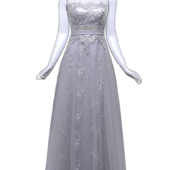 Silver A-line Sleeveless Lace Applique Long Tulle Prom Dresses