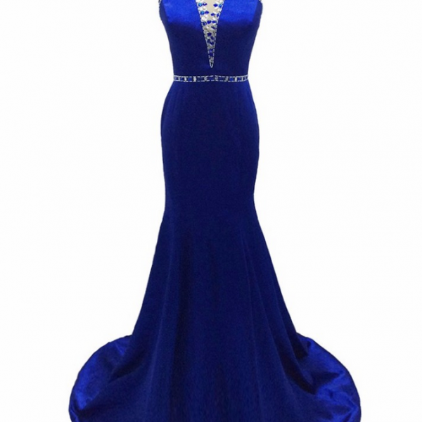 Long Luxury Mermaid Royal Blue Stretch Satin Beaded Evening Dresses ...