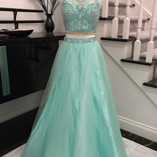Elegant 2 Pieces Sky Blue Backless Prom Dress Halter Prom Dresses With Beading On Luulla