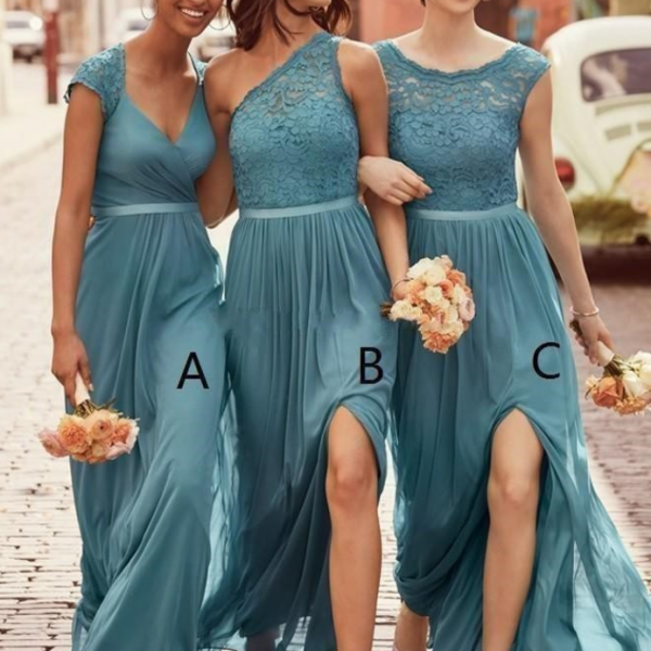New Mixed Teal Bridesmaid Dresses Jewel Neck Illusion For Weddings Lace ...