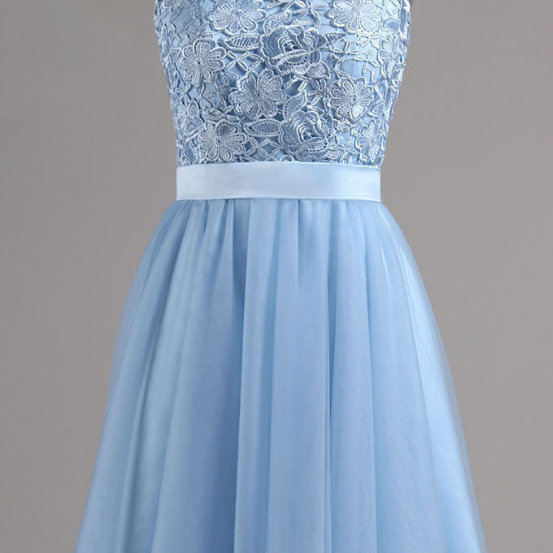 Light Blue Lace Appliques Dress With Sash on Luulla