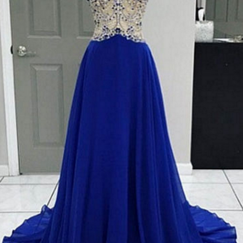 Royal Blue Evening Dresses Long Elegant Halter Chiffon Beaded Prom ...