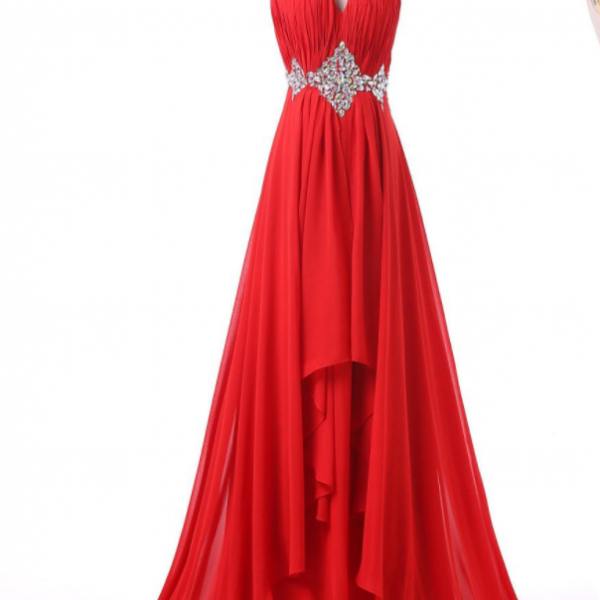 Red Floor Length Chiffon Prom Dress Featuring Ruched Halter Neck Bodice ...
