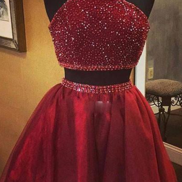 Burgundy two pieces satin short prom dress, Applique homecoming dress main image 1