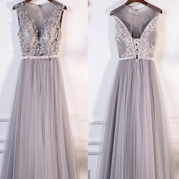 Gray round neck lace tulle long prom dress, gray evening dress, gray bridesmaid dress