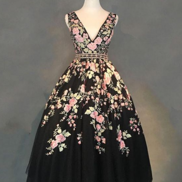 Black V Neck Lace Applique Tea Long Prom Dress, Black Evening Dress on ...