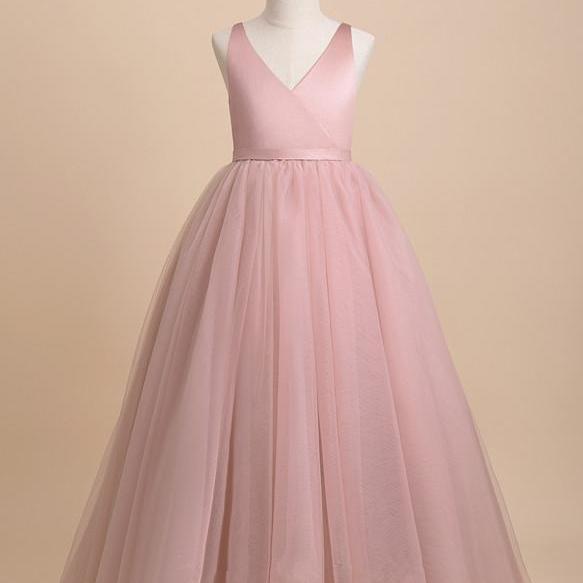 BFlower Girl Dresses,all-Gown/Princess Floor-length Flower Girl Dress - Tulle Sleeveless V-neck With Bow(s)/V Back