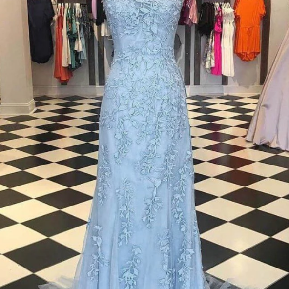 Sexy Backless Sky Blue Lace Evening Dress for Women Fitted Lady Prom Gowns 