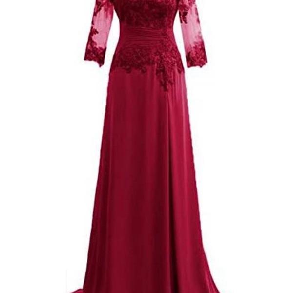 Prom Dresses,Long Sleeves Evening Dresses Formal Appliques Chiffon A-Line Prom Party Gown Mother Dress