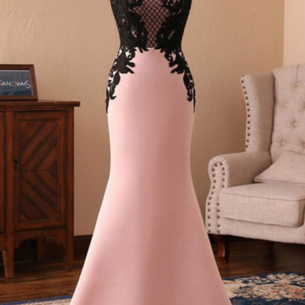 Prom Dresses,Sweetheart satin long spaghetti straps mermaid black lace prom dress