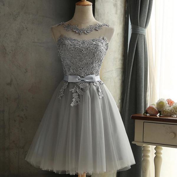 GRAY LACE SHORT A LINE PROM DRESS, HOMECOMING DRESS